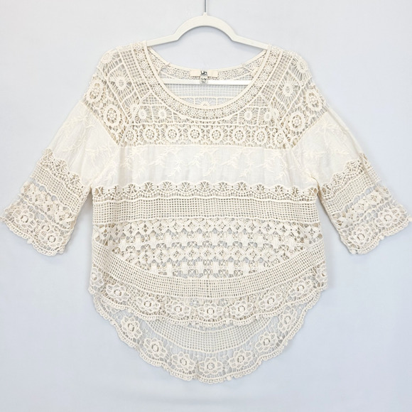 Ya Los Angles Crochet Top High Low 3/4 Sleeve‎ Women S / M Beige Boho Beachy - Picture 2 of 12